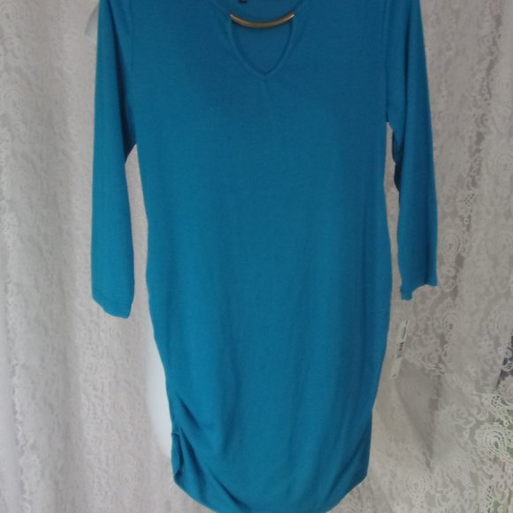 New Direction Teal Blue Top Blouse Gold Metal Bar at Neckline - Picture 2 of 4